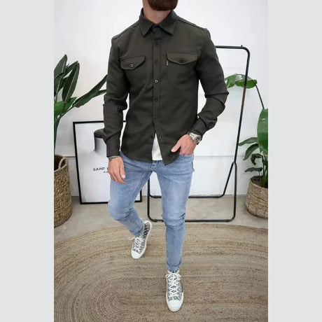 Autumn Men Casual Shirt Jacket Lapel Outerwear Coats Youth Single-Breasted Solid Color Undergarment Slim Vintage Shirt Men's