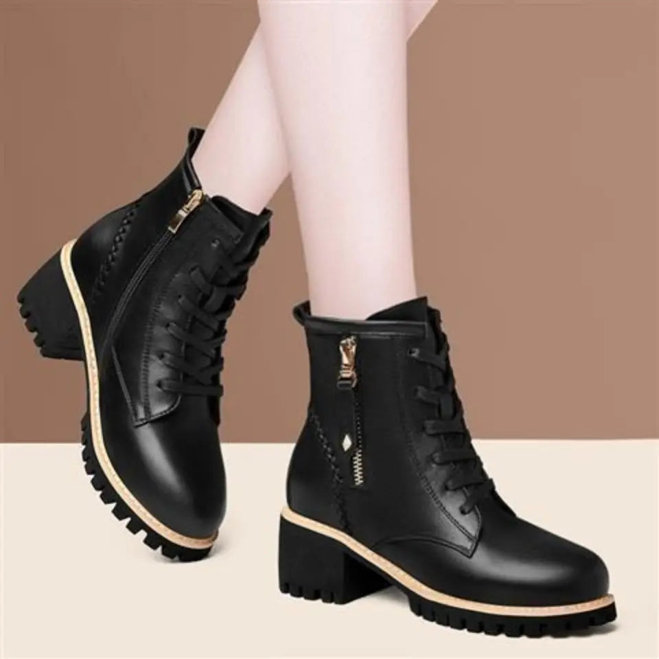 Women Shoes Boots Ankle 2022 New Autumn British Wind Genuine Leather Thick With Fur Ladies Short Boots Motorcycle heels boots