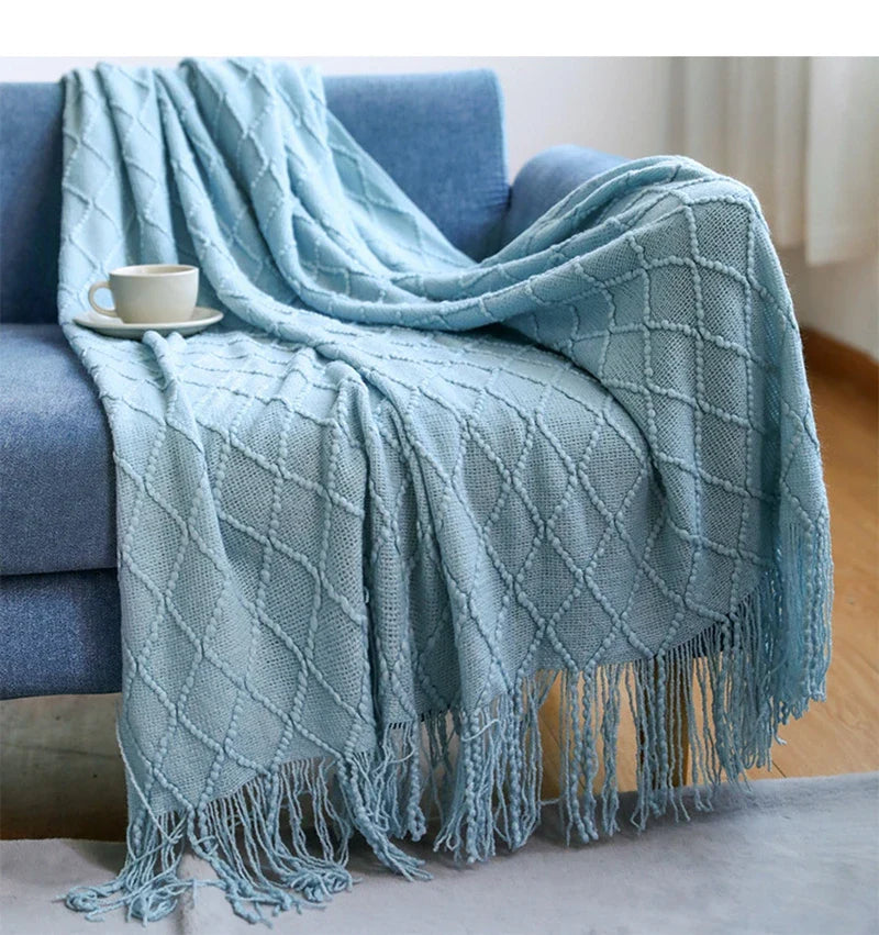 Textured Knitted Throw Blankets with Tassels Cozy Woven Decorative Boho Bed Blanket for Sofa Bed Chair Pattern for All Seasons