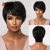 Short Pixie Cut Wig with Highlight Straight Chocolate Brown Synthetic Wig for Black Women Cosplay Daily Heat Resistant Hair Wigs