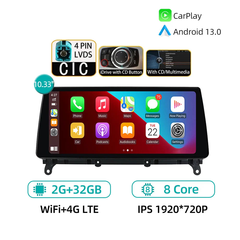 10.33" Android 12 8G 256G CarPlay GPS Navigation WiFi Stereo Car Radio For BMW X3 F25 X4 F26 2011-2017 NBT CIC Multimedia Player