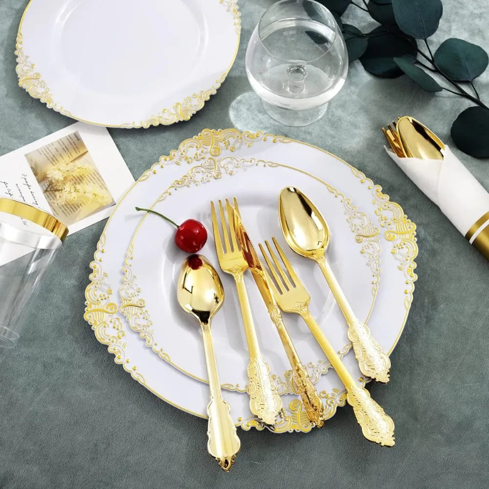 350PCS Gold Disposable Dinnerware Set for 50 Guests, 150 Gold Plastic Silverware, 50Cups, Napkins