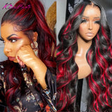 1B/99J Burgundy Transparent Lace Front Human Hair Wig Red Highlight 13x4 Pre Plucked Colored Body Wave 13x6 HD Lace Frontal Wigs