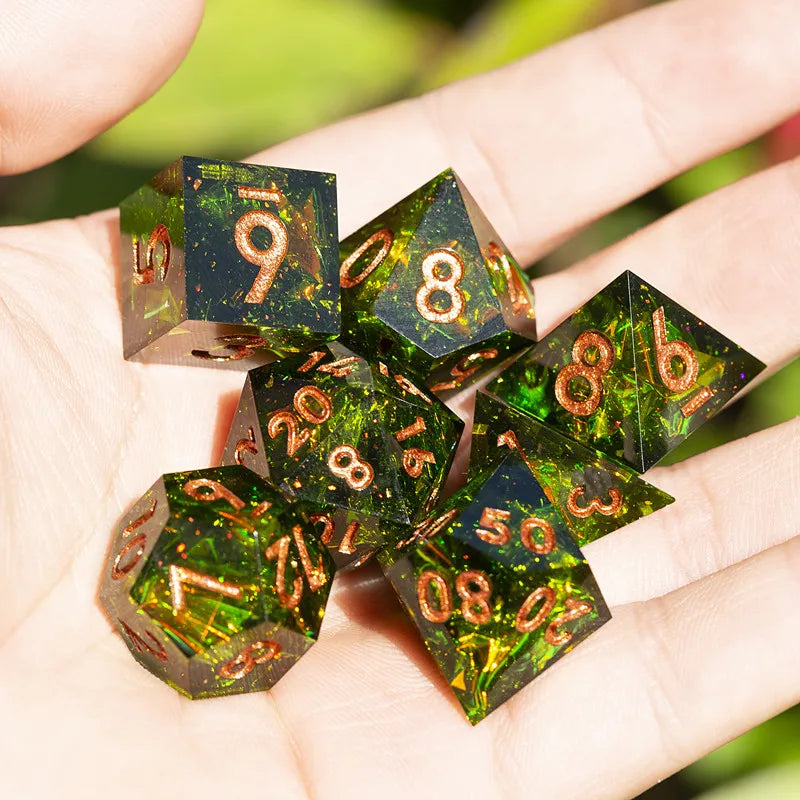 MINI PLANET Resin Dice With Sharp Edge For Dice Set Of 7 pcs Polyhedral Handmade Dice TTRPG Game D&D Dice Box Set