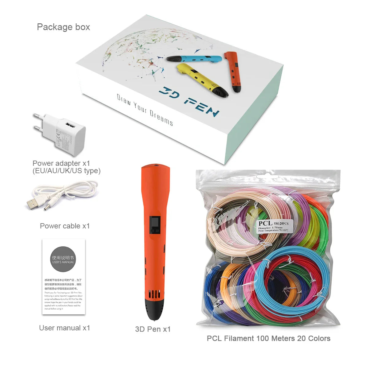 Innovative QCREATE 3D Pen with LCD Display, Adjustable Temperature & Speed, Includes 100m of PLA/PCL Filament