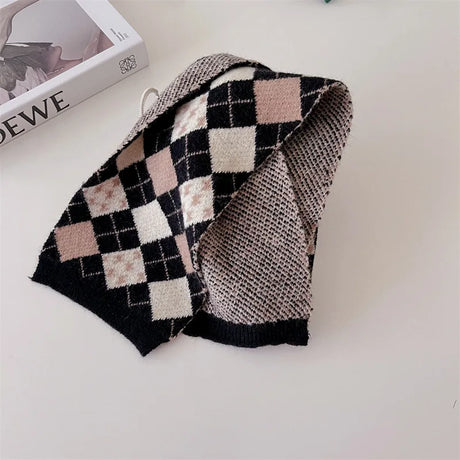 deer jonmi Korean Style New Winter Children Knitted Scarves Plaid Printed Retro All-match Toddlers Kids Warm Shawl