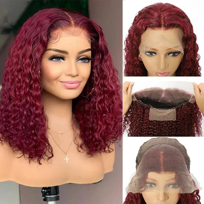 99J Burgundy Deep Wave Red Water Bob Wigs Glueless Human Hair Wigs 13x4 HD Transparent Lace Frontal Wigs Curly Wigs For Women