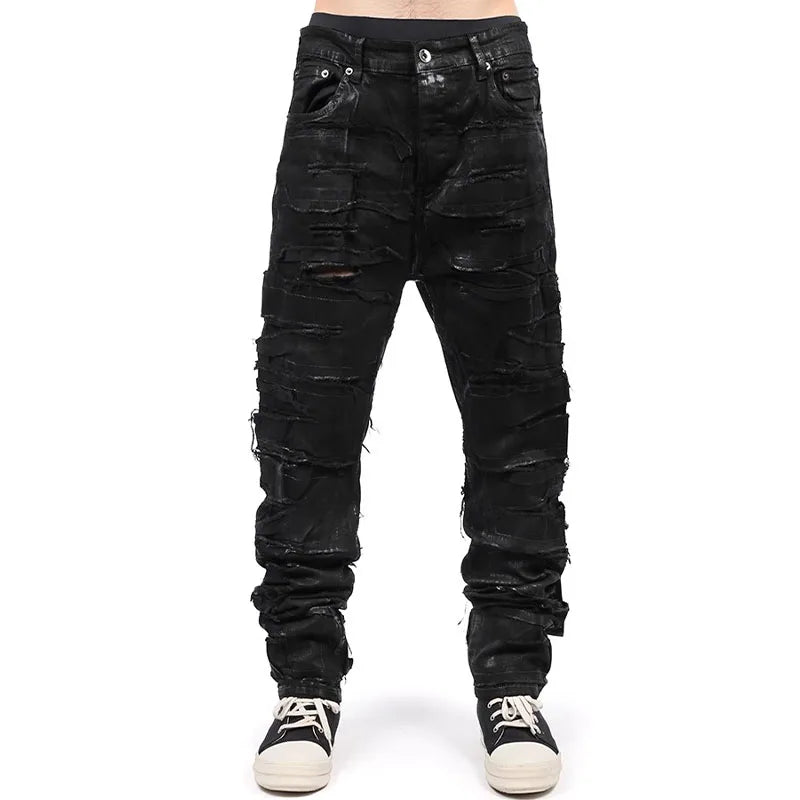 Dark Coating Wax Brushing Erosion Hole Jeans Men Ripped Casual Denim Pants Street Hip Hop Black Jeans Trousers Men