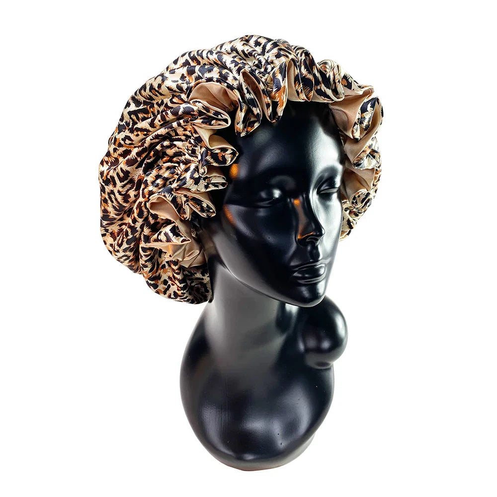 Leopard Print Double Layer Silky Bonnet Adjustable Elastic Band High Quality Satin Nightcap  Free Shipping