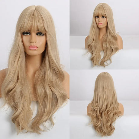 HAIRCUBE Long Ombre Brown Black Light Blonde Synthetic Wigs with Bangs Heat Resistant Straight Wigs for Women Natural