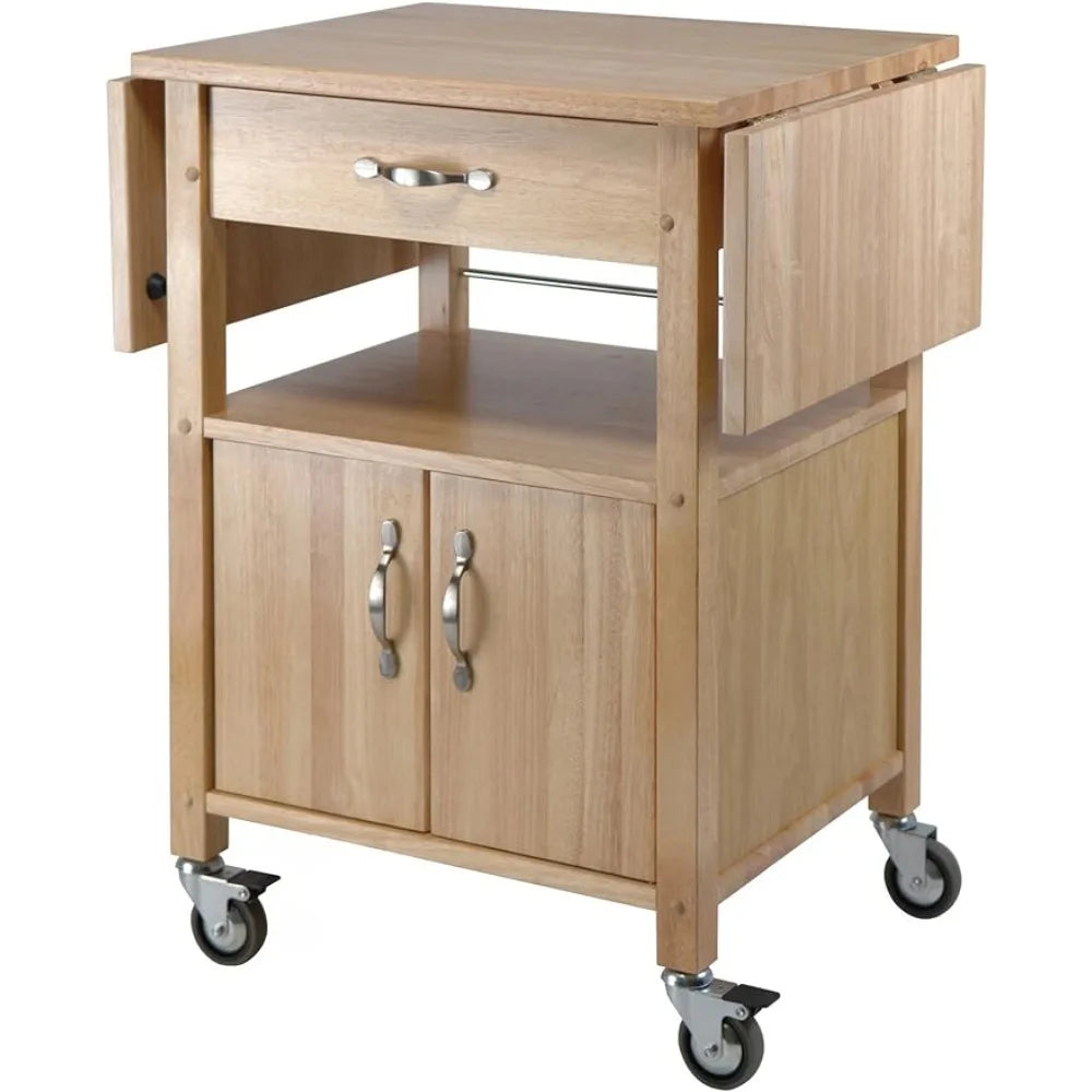 Kitchen island trolley, with storage cabinets, rolling kitchen table with solid wood countertops, drawers, natural color