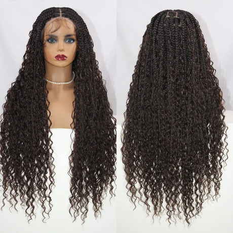 32 Inch Long Full Lace Front Wigs Boho Cornrow Box Braided Wigs With Baby Hair #4 Dark Brown Wave Curly Lace Frontal Braided Wig