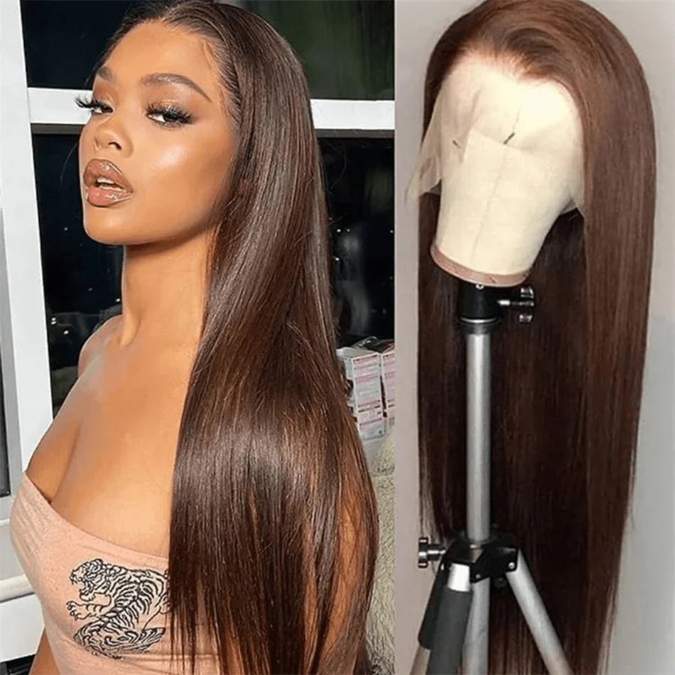 Chocolate Brown Straight 13x6 HD Lace Front Human Hair Wig #4 Glueless Pre Plucked 360 13X4 Hd Full Lace Frontal Wigs Human Hair