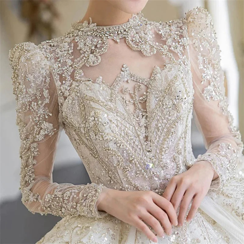 Dubai Arabia High Neck Full Sleeves Ball Gown Wedding Dress Luxruy Crystal Bridal Gowns Sequin Pearls Church Robe De Mariée