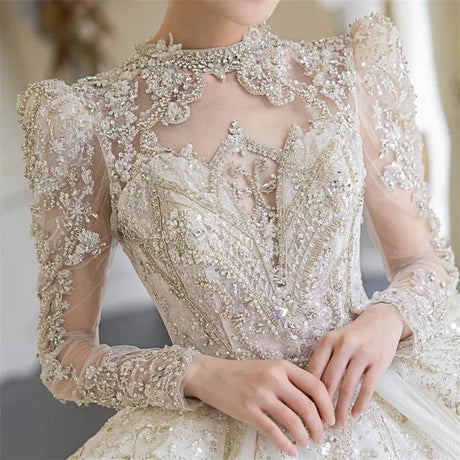 Dubai Arabia High Neck Full Sleeves Ball Gown Wedding Dress Luxruy Crystal Bridal Gowns Sequin Pearls Church Robe De Mariée