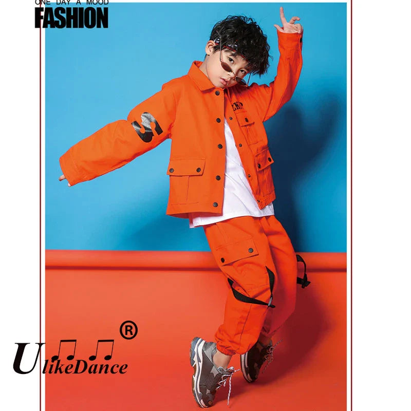 Kids Jazz Costumes Orange Long Sleeve Jacket Pants Girls Street Dance Clothes Boy Hip Hop Outfits Children Modern Dancewear Kpop