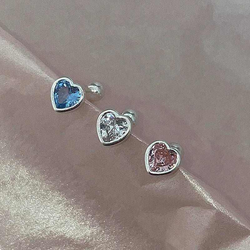 Tragus Helix Piercing Heart Earrings for Women Simple Pink Blue Zircon Silver Color Daith Lobe Ear Stud Cartilage Jewelry KAE312