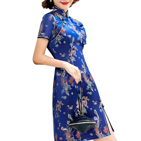 Mandarin Collar Short Sleeve Disc Buckles Women Dragon Phoenix Print Chinese Style Mini Qipao Dress for Stage Performance