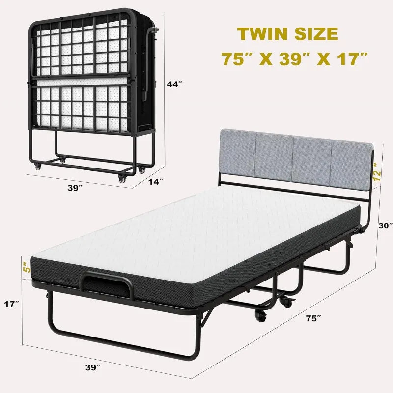 Memory Foam Mattress, 75" x 39" Twin Guest Bed with Headboard, Portable Rollaway Bed with Sturdy Frame