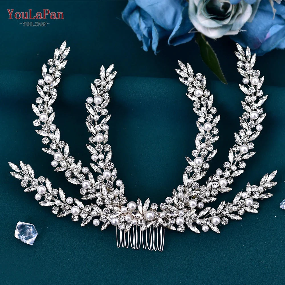 YouLaPan Rhinestone Pearl Headpiece with Comb Bridal Headwear Wedding Hair Accessories Jewelry Woman Headdress Bride Tiara HP530