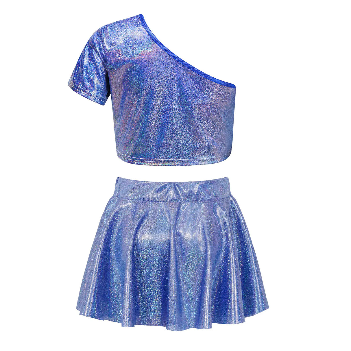 Kids Girls Street Hip Hop Dance Costumes Cheerleading Outfit Metallic Shiny One Shoulder Crop Top with Skirt Set Girl Dance Wear