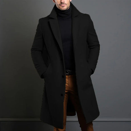 Atutumn Winter Long Warm Wool Trench Coat For Men Solid Color Single Breasted Luxury Wool Blends-Overcoat Tops Coats Clothing