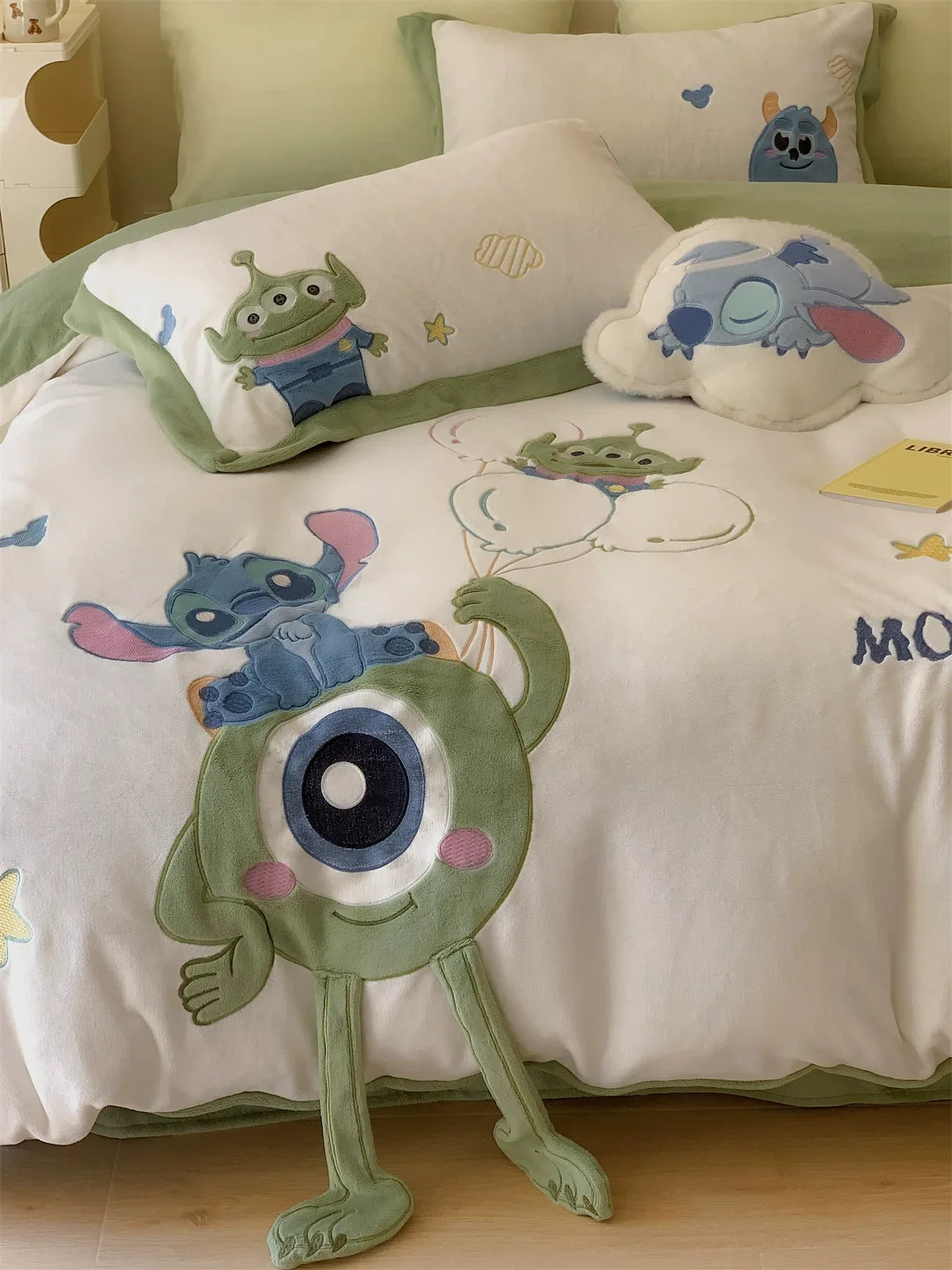 Cartoon Kawaii Disney Stitch Milk Velvet Four-piece Warm Bed Linen For Children In Winter Animation Derivatives Holiday Gift