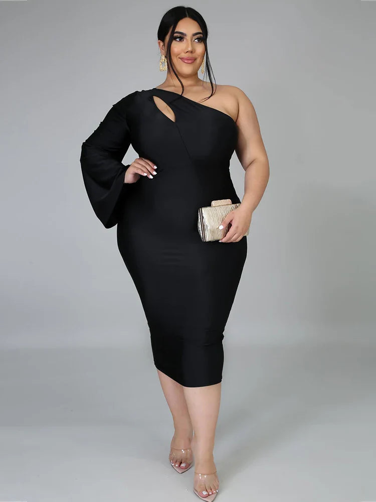 Sexy Dress Women Plus Size Party Elegant One Shoulder Long Sleeve Dress High Waist Autumn Bodycon Dress with Free Shipping