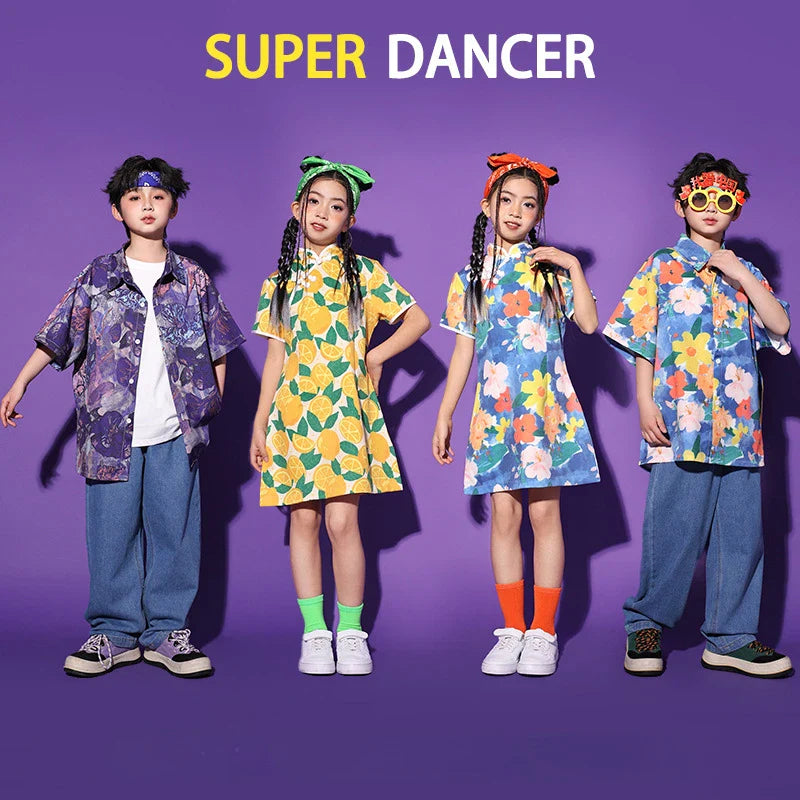 New Hip Hop Street Dance Clothes for Kids Print Short Sleeve Shirt Skirt Children Practice Wear Modern Jazz Performance Costumes