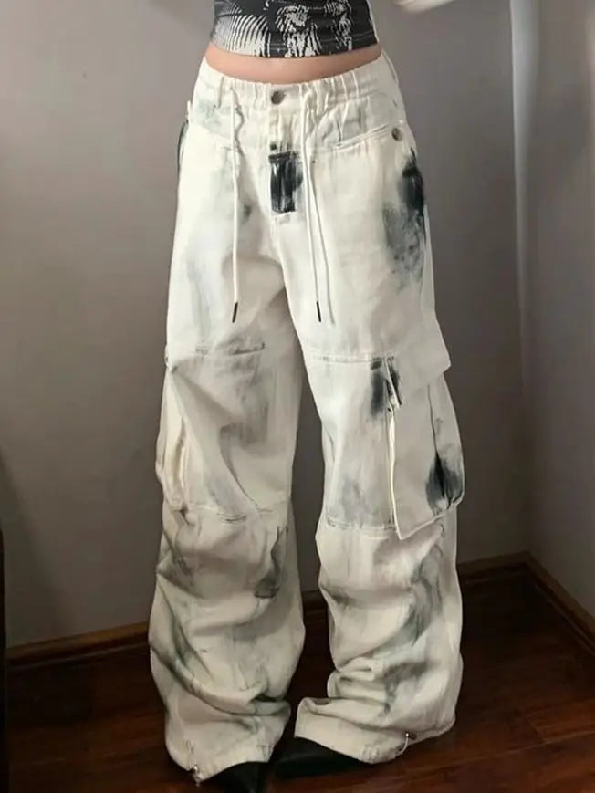 American style trendy and personalized tie dyed men and women work pants hip-hop high street retro straight leg wide leg jeans