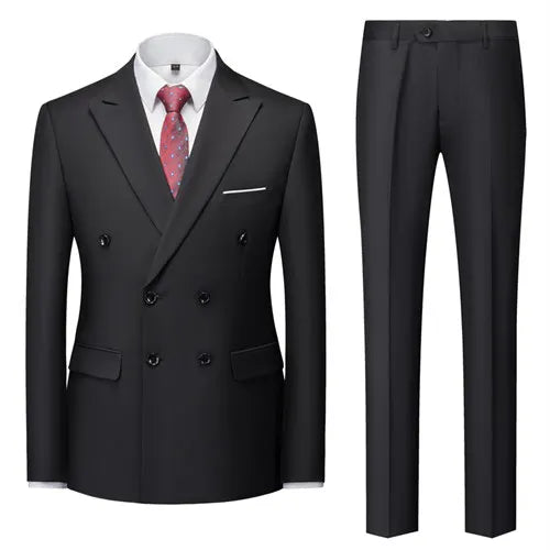 Pure Color Double-breasted Suit Two-piece Men's Fashion Slim Dress Jacket with Pants Wedding, Business Men Sets Red Blue Green