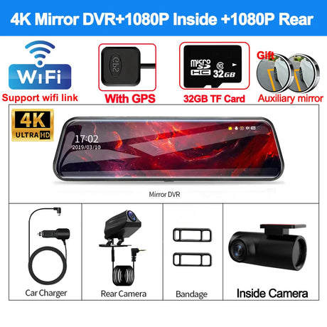 4K Front and Rear Camera Mirror GPS Car DVR Wifi 3Lens Dash Cam for Cars Backup Camera for Vehicle Video Recorder Car Assecories