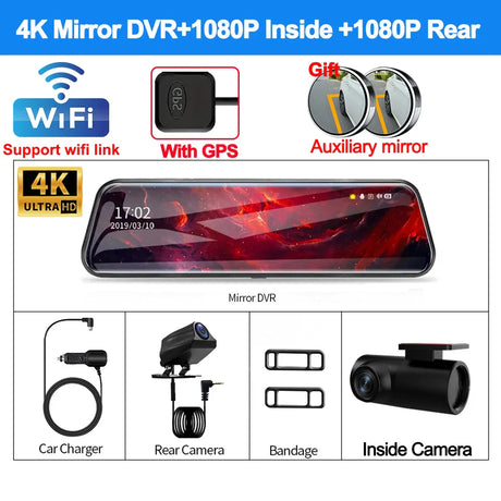 4K Front and Rear Camera Mirror GPS Car DVR Wifi 3Lens Dash Cam for Cars Backup Camera for Vehicle Video Recorder Car Assecories