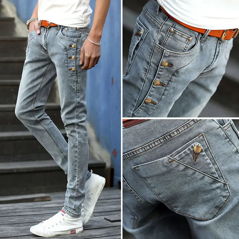 New Autumn Winter Hip Hop Kpop Brushed Denim Fabric Wash Ripped Korean Fashion Men Tight Designer Original Cowboy Slim Trousers