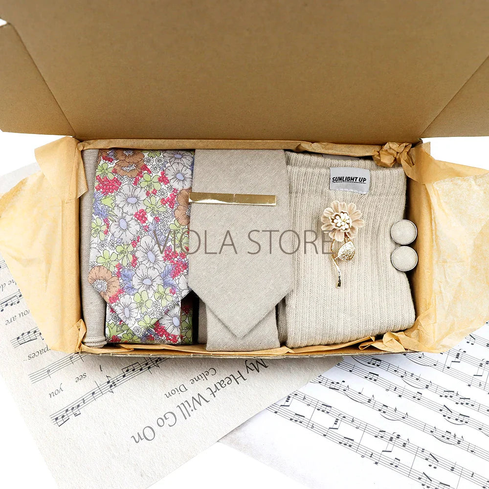 Viola Design Gift Box Hot Solid Floral Cotton Sock Necktie Set Clip Cufflinks Pin Hanky Men Wedding Party Daily Cravat Accessory