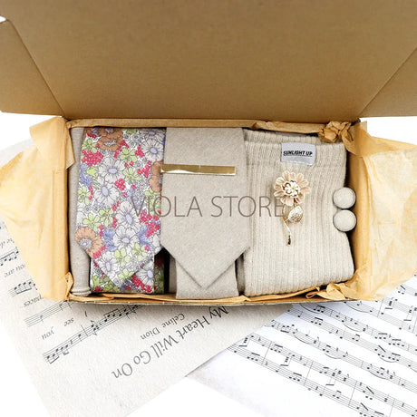 Viola Design Gift Box Hot Solid Floral Cotton Sock Necktie Set Clip Cufflinks Pin Hanky Men Wedding Party Daily Cravat Accessory