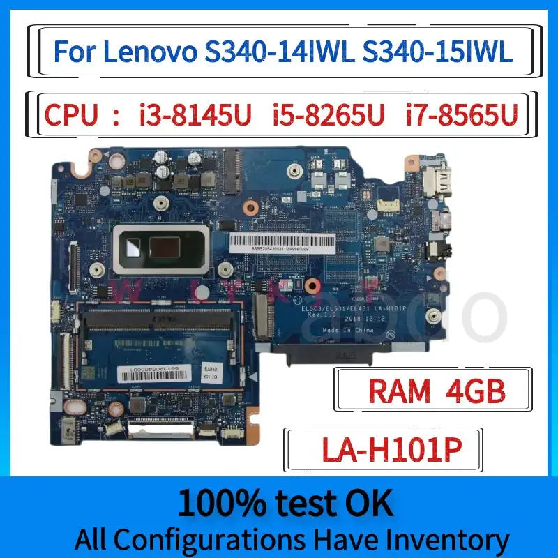 LA-H101P.For Lenovo S340-14IWL S340-15IWL Laptop Motherboard.With CPU i3-8145U i5-8265U i7-8565U.4GB-RAM.100% Fully Tested