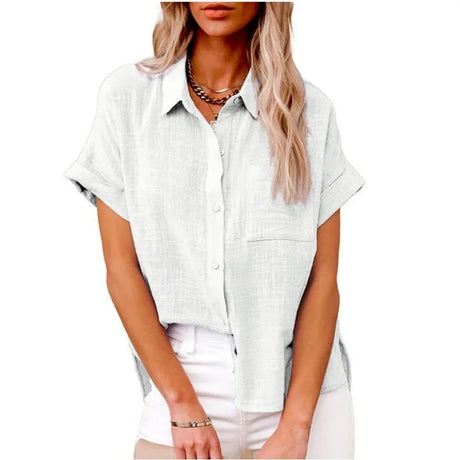 Women Blouse Shirt Casual Office Linen Solid Loose Vintage Overshirt Elegant Female Single Breasted Short Sleeved Tops Plus Size