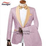 Champagne Men's Wedding Tuxedo Elegant Men 2-piece Suit Set Patterned Jacket Pants Formal Slim Fit Outfit