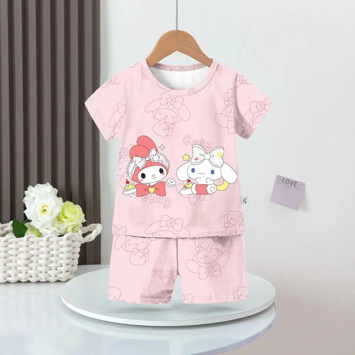 Anime Summer Kids Ice Silk Pajamas Kawaii MyMelodys Kuromis Cinnamorolls Cartoon Short Sleeve Cardigan Loungewear Set