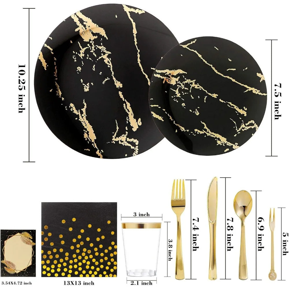 225pcs Gold Disposable Dinnerware Set, 25 Dinner Plates, Dessert Plates, Gold Plastic Silverware, 25 Mini Forks, Gold Cups