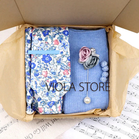 Viola Design 6PCS Gift Box Floral Solid Cotton Sock Tie Sets Clip Pin Cufflinks Hankie Men Wedding Party Daily Cravat Accessory