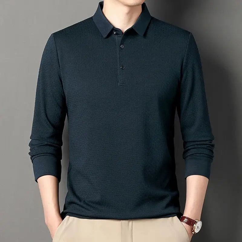 Men's Long Sleeve Polo Shirts Autumn Spring Smart Casual Male Clothes Korean Navy Plain Tee Shirts Regular Fit Man Polo Top