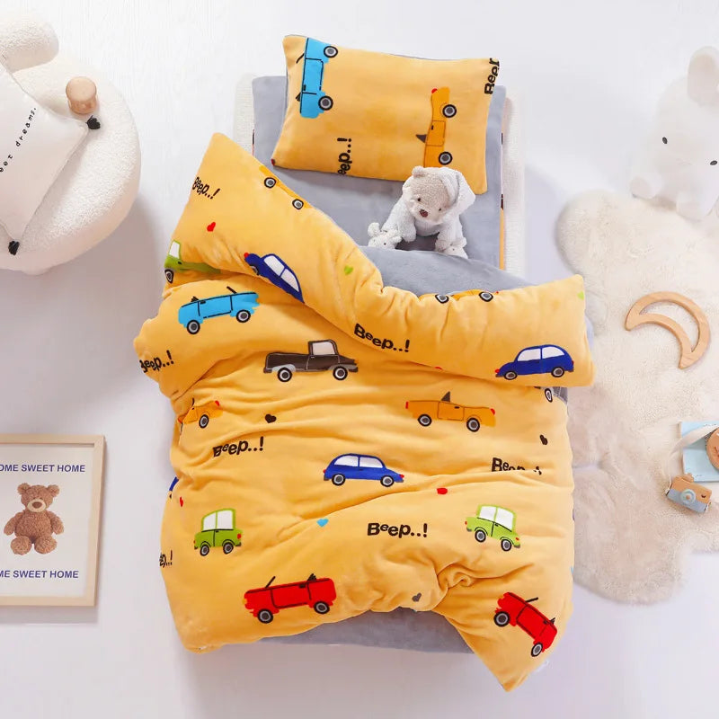 3pcs Cartoon Cotton Crib Linen Kit Baby Coral Fleece Bedding Set Includes Pillowcase Bed Sheet Duvet Cover Without Filler  CP11