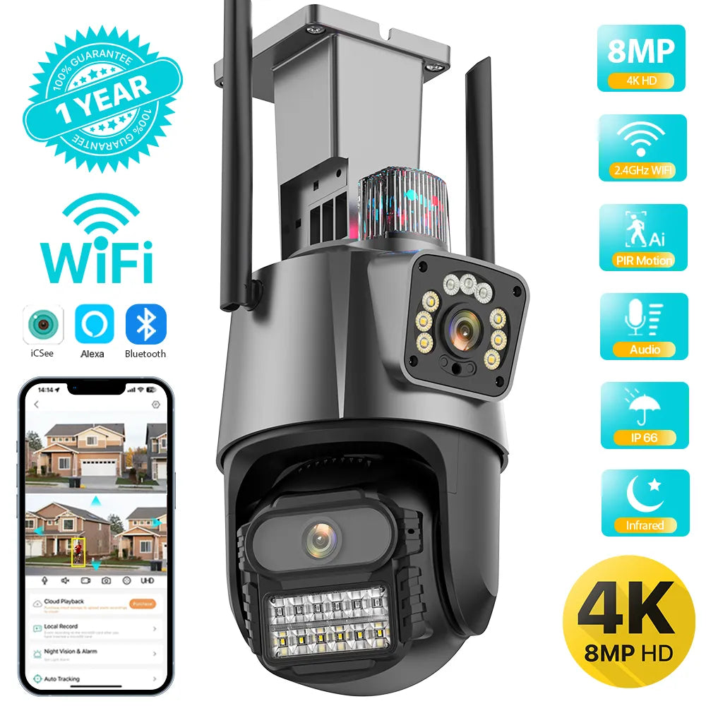 Outdoor Wifi PTZ Camera 4K 8MP HD Dual-Lens Dual Screen Camera AI Auto Tracking 4MP Video Surveillance Police Light Alarm iCSee