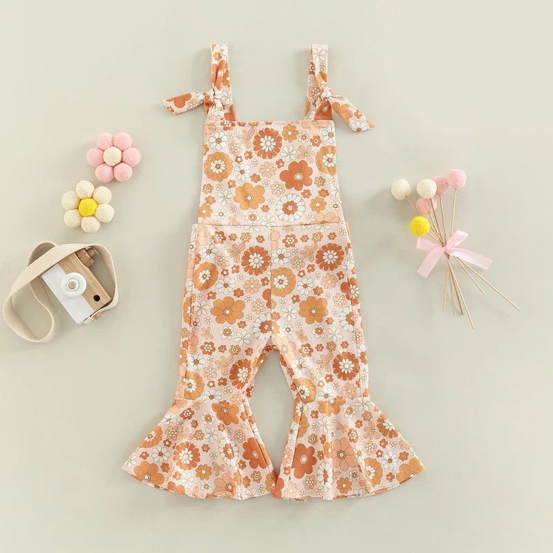 FOCUSNORM 0-4Y Lovely Baby Girl Romper Pants 4 Style Flowers Printed Sleeveless Off Shoulder Ruffle High Waist Flare Jumpsuit