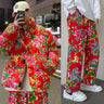 Northeast Flower Printed Thickened Cotton-padded Jacket Couple Chinese Style Causal Loose High Street Parkas Pants Suit