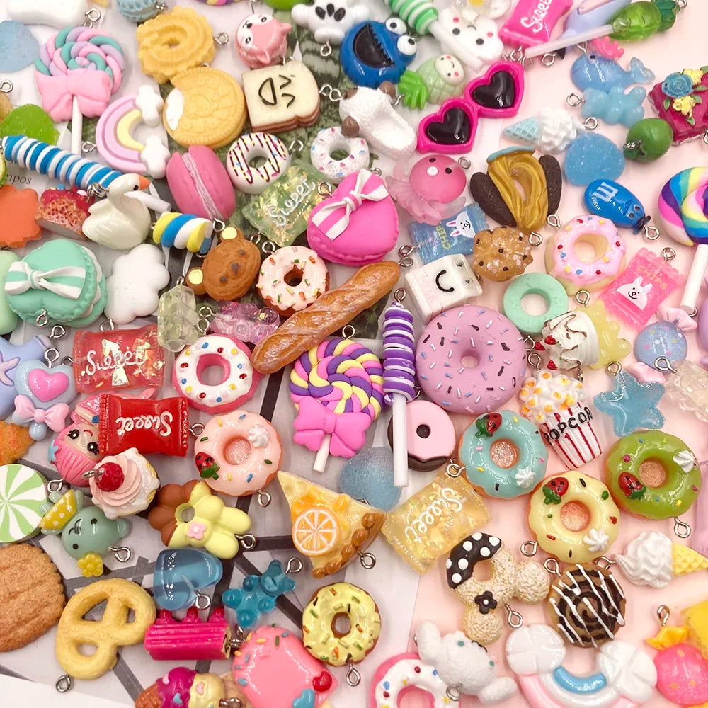 100Pcs Mixed Candy Cookies Donuts Luck Bags Resin Charms Flat back Cabochon for Necklace Earrings Jewelry Making Accessories