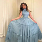 OEING Light Blue Tulle Evening Dress Simple Tiered Pleat Prom Gown Floor Length Women Dresses For Formal Occasion Princess Gowns