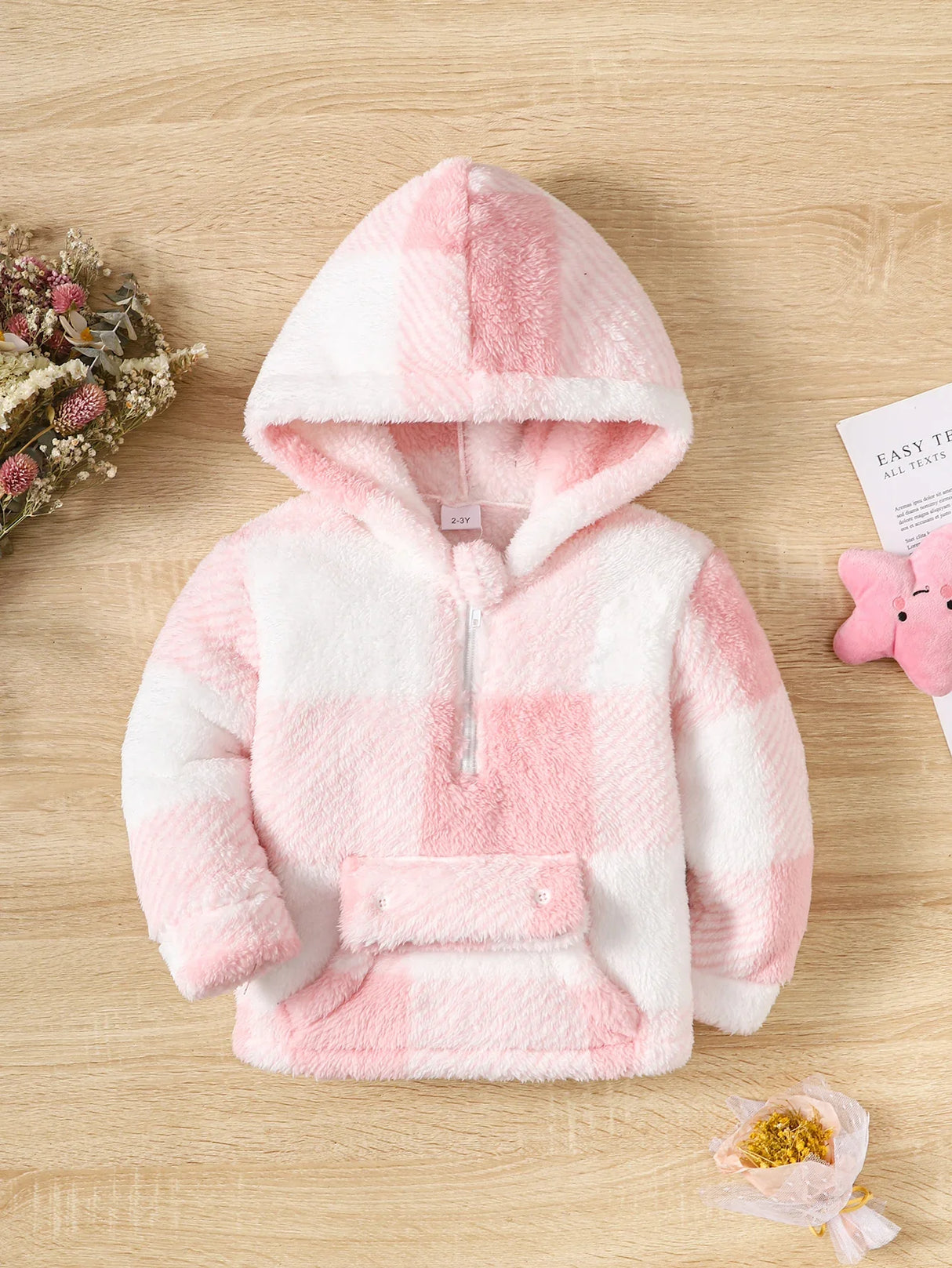 Little Girl Long Sleeved  Hooded Sweater Cute Pink Plaid Jacket Plush Plush Thickened Winter Clothes for 2-8 Years Children